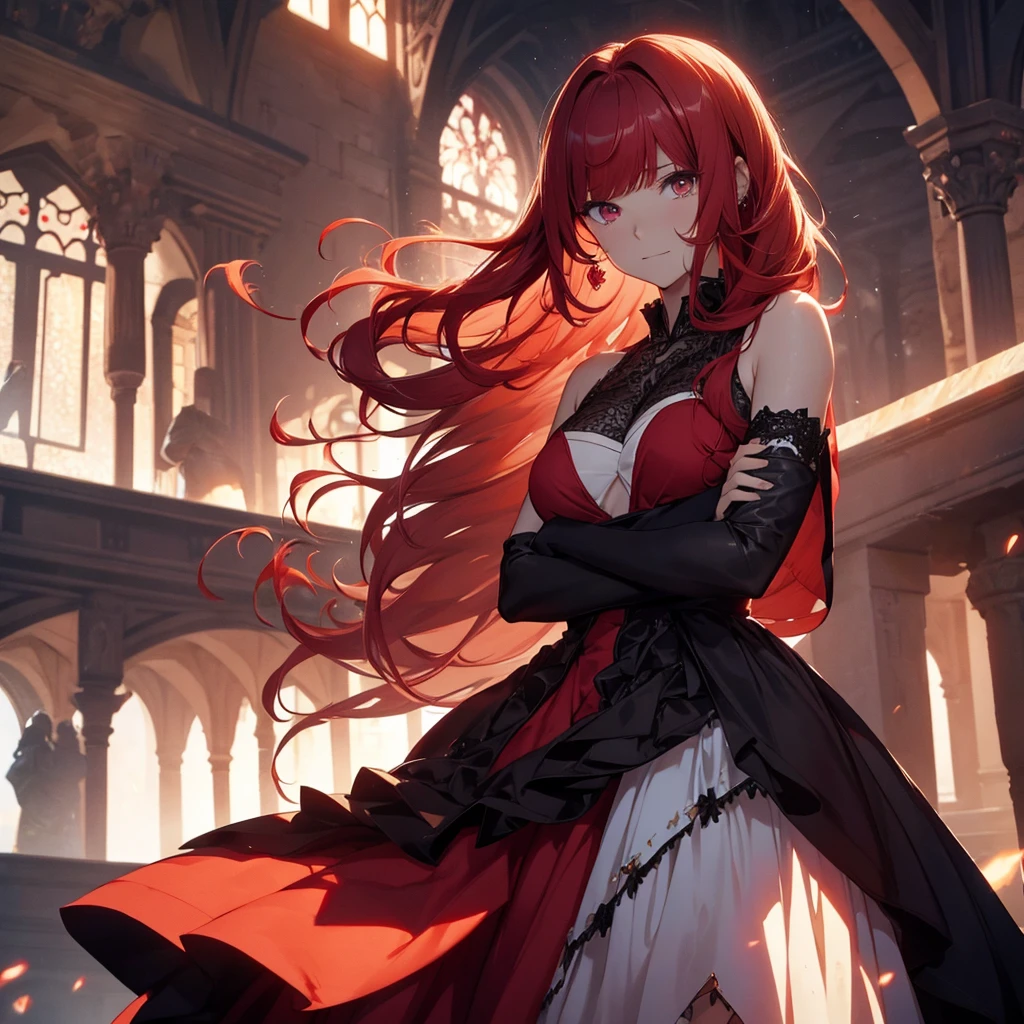 1 girl,Depp's Sense,confused,catch light,Super beautiful illustration,(redhead,long hairstyles:1.6),turn around,eye shadow,(Red clothes,Gothic Lolita),Upper body,;d,beautiful and delicate flowing hair,delicate and detailed blue eyes,emphasized chest,big breasts