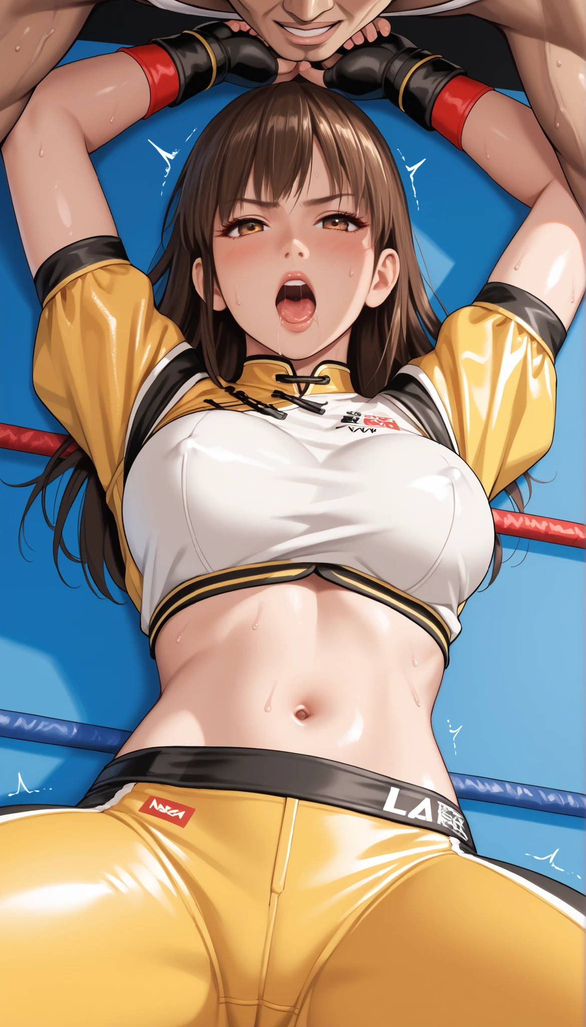 LeiFangDOA, brown hair, (long brown straight hair:1.5), shiny crop top, shiny yellow leggings, short sleeves, fingerless gloves, 1 middle aged man, breasts, gasp, be breathless, sweat, sparkling sweat, trembling, brown eyes, looking at viewer, [[angry]], blush, {anguish}, {{shameful}}, wrestling ring, nsfw:1.2, covered nipples:0.1, half-closed eyes, open mouth, drooling, empty eyes, girl lying on her back:1.7, lie down, missionary position:1.7, man holding her legs:1.5, from below, kiss:1.5,