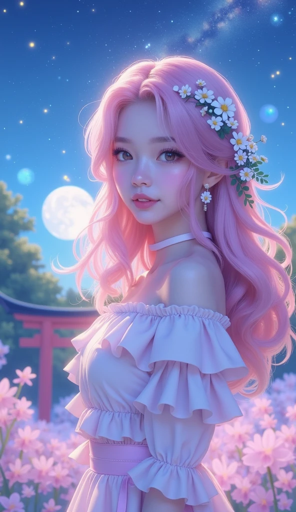 Sexy kimono v-neck Japanese girl biting a rose、(Fluorescent Color:1.4)、(translucent:1.4)、(Retro filter:1.4)、(fantasy:1.4)、Candy world Disneyland Fantasy fluffy soft scenery forest snow avatar Pastel pink sky green blue glow Dreamy light Pastel soft glow Rainbow stars Diamond glitter Gemstone background Ultra realistic ultra high quality movie lighting Huge details Full HD Full light、