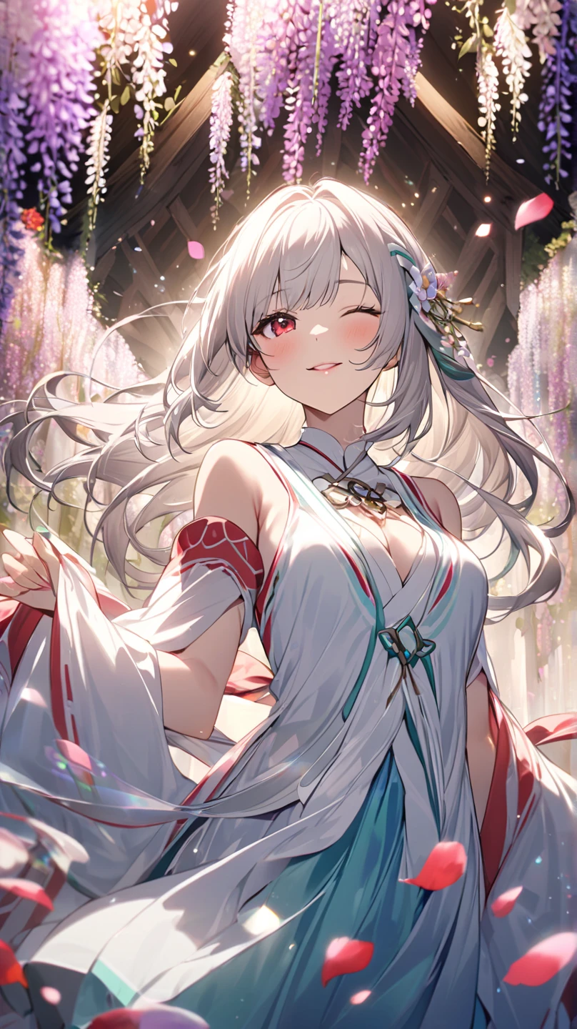 handiwork, best quality, highres, nahida, white hair, long hair, big breasts, white shirt, sleeveless, belt, blue skirt, cowboy shot, standing, looking at viewer, outdoors, waving, smiling, open mouth,