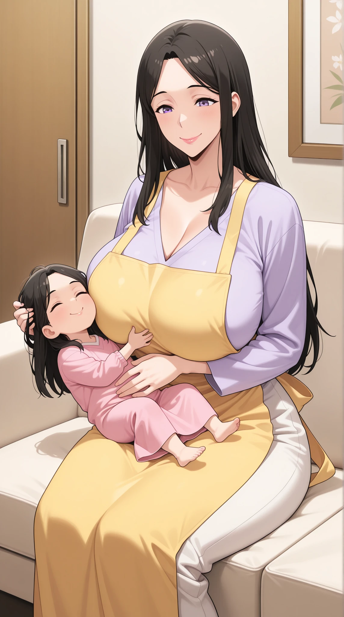 score_9, score_8_up, score_7_up, score_6_up, score_5_up, score_4_up, (source_anime), 2girls, (( white woman, long black hair, big breasts, Withered breasts, Sagging breasts, big Thighs, big ass, mature woman, dark nipples, brown nipple, Black panties, revealing baggy white shirt )), Distant vision, Low Illumination, Dark, her little daughter sucking breast, ((Little baby girl, Skinny, tiny tits, baby, tiny ass, tiny, short brown hair, sucking breast) age difference, big size difference, forced, rape, Aggressive, Kitchen
