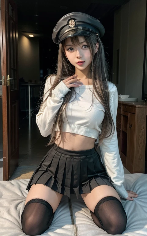 (8k、RAW Photos：1.2)Detailed face and eyes、Highest quality、Ultra-high resolution、Very detailed、Intricate details、A cute girl around 20 years old、Hyper Detail、Clear focus on the chest、（Beautiful black hair）、（Long Hair）、｟White knitted clothes｠、｟Black pleated skirt｠、｟High waist mini skirt｠、（boots）、（I can see her cleavage）（The whole body is shown）｟sexy bare legs｠（Random pose）（Random facial expressions）｟Beautiful legs｠｟The background is a night city｠