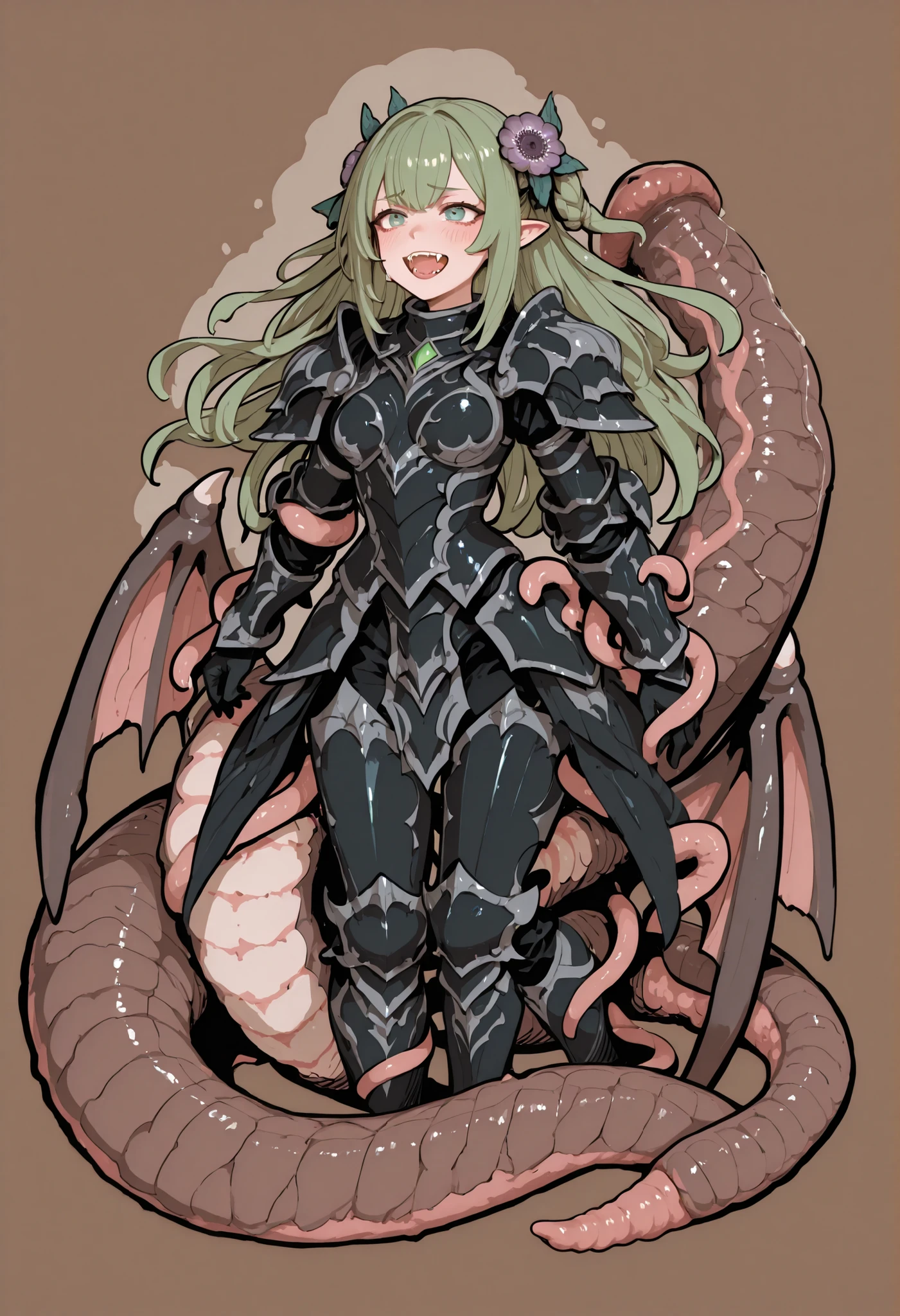 Armored succubus. Green hair. Long hair. hair accessory. Tentacle girl. Biological tube. Circular mouth. Bone-like armor. Biological armor. Black armor. Weaponized arms. Sea anemone-shaped tentacles. Multiple tentacles. Tentacles with mouths. Multiple sandworms. Sandworm fangs.