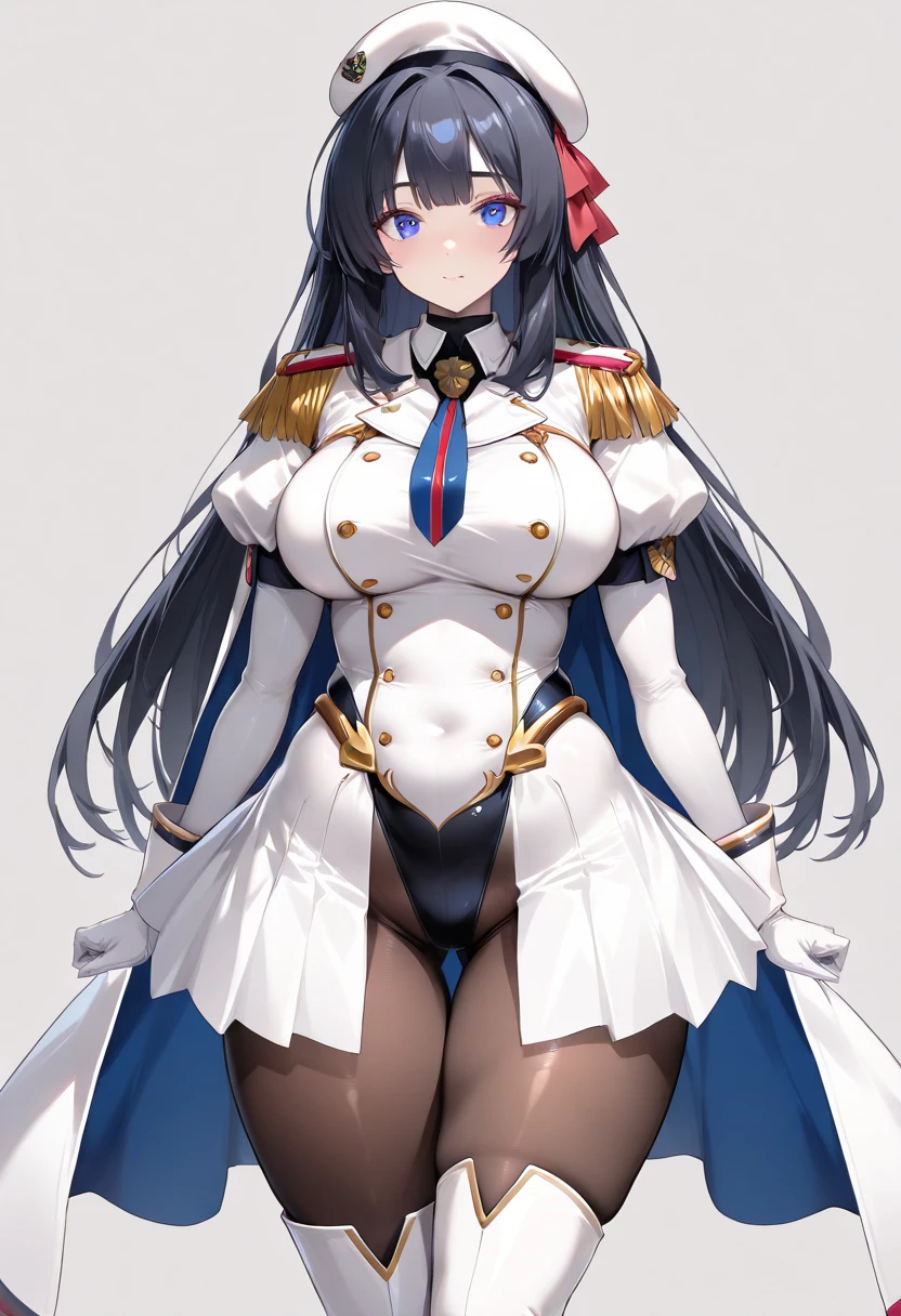 masterpiece, best quality, 1girl, solo, standing, helmdef, hat, military, white shorts, white gloves, wide hips, thighs, large breasts, insignia, white jacket