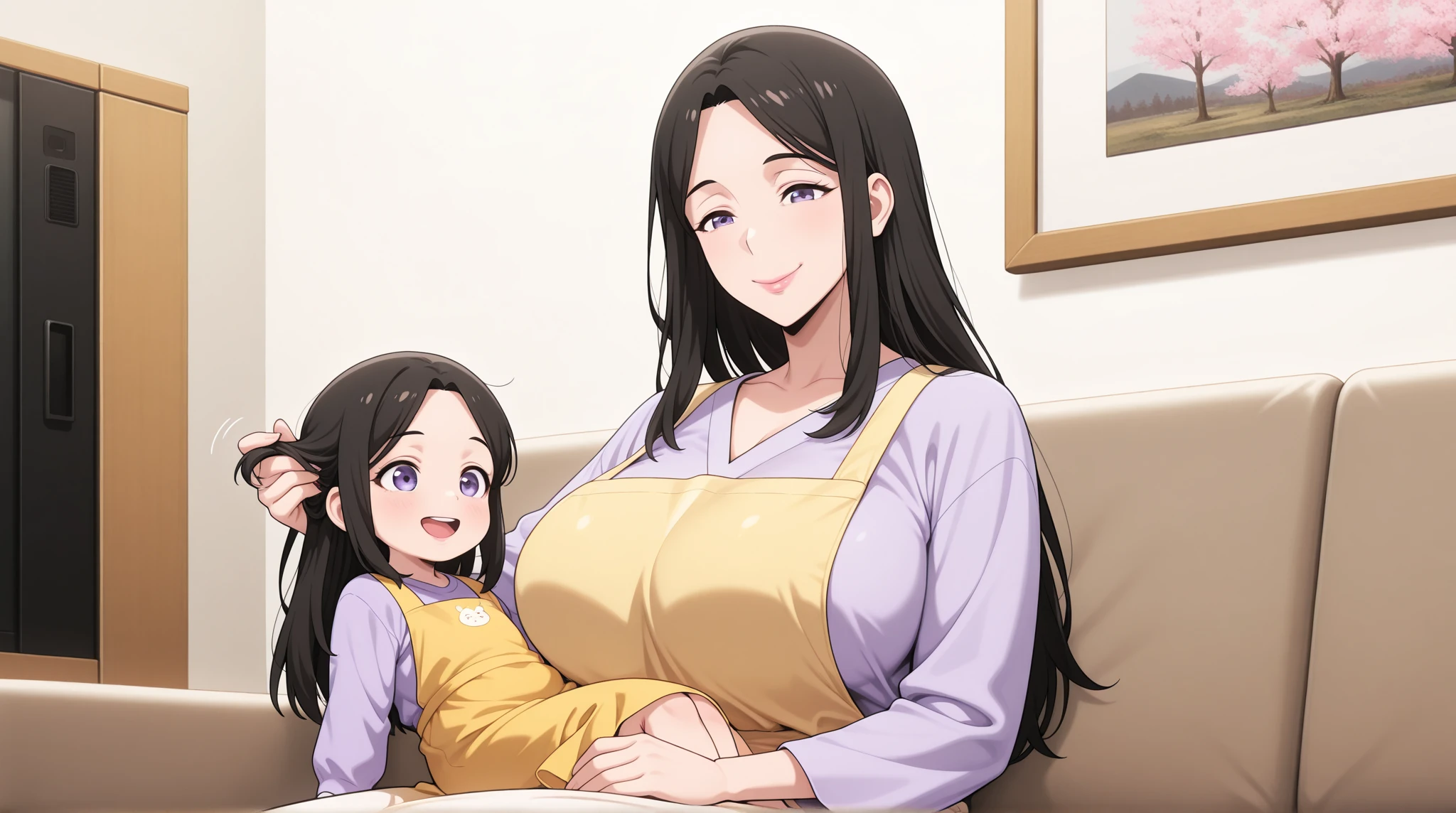 cozy background, cozy, chibi, bbw huge breasts woman, mother and son, casual clothing, comfy living room, black hair, brown eyes, 2 people, taller woman, young boy