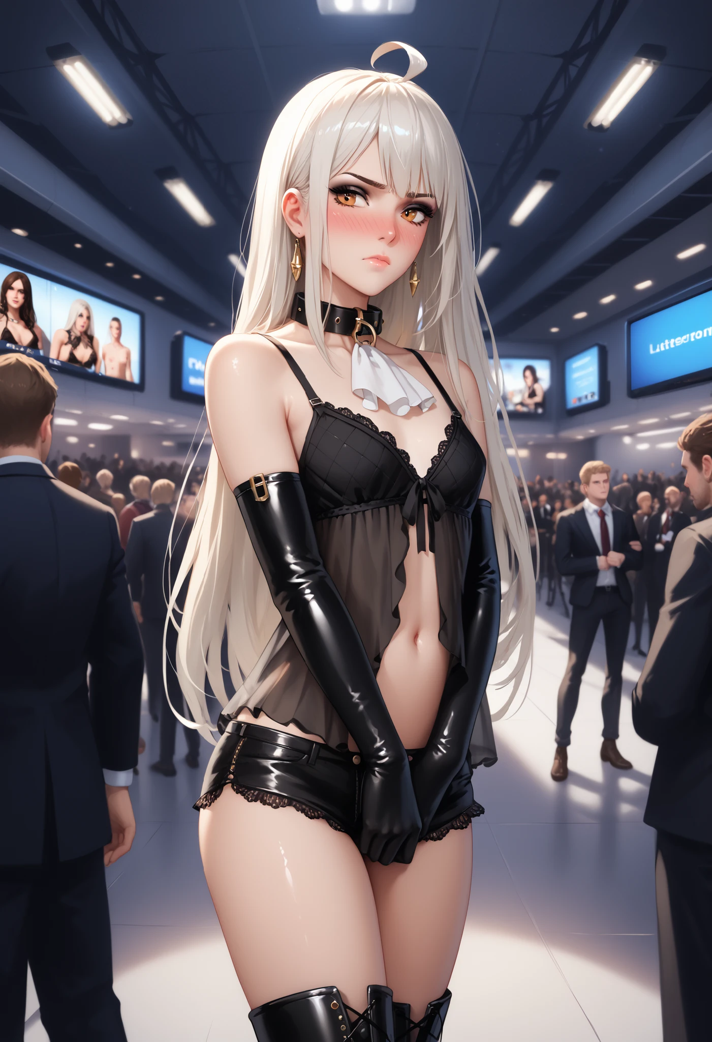 1girl, beautiful lady holding a sword, tall, adult, ((from behind, over the shoulder, posterior cleavage)), high resolution (4k, 8K), dark fantasy atmosphere, white hair, full lips, dark brown eyeshadow, dark eyeliner, slender body, paltry chest, pouting expression, extremely long hair, ((stern expression, handsome facial features, pronounced nose, western features)), ((extremely long ahoge, stylish cowlick)), amber eyes, Super-Resolution, detailed scenario, shiny skin, black regalia, tiny black boyshorts, long gloves, black high boots, black ruffled babydoll lingerie, collar with insignia, ascot, amber accents, crowd, ((group of photographers, surrounded by cameramen)), cameras, ((flash photography)), indoors, convention center, booths, overhead lights, ((shy, full face blush, covering self))

