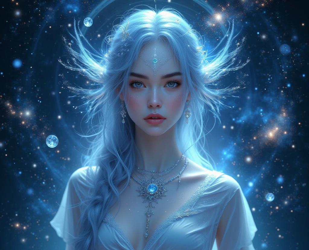 Serene woman, long icy blue hair merging into cosmic waters, symbolizes Pisces, tranquil yet inspired expression, soft luminous skin, cosmic sky background, icy blue and silver tones with sparkling stars and gentle waves, mystical atmosphere, eyes with a powerful, intuitive glow, hidden strength, intuition, icy blue tones in clothing, and silver light illumination, 4K digital artwork, ultra-realistic, high definition.