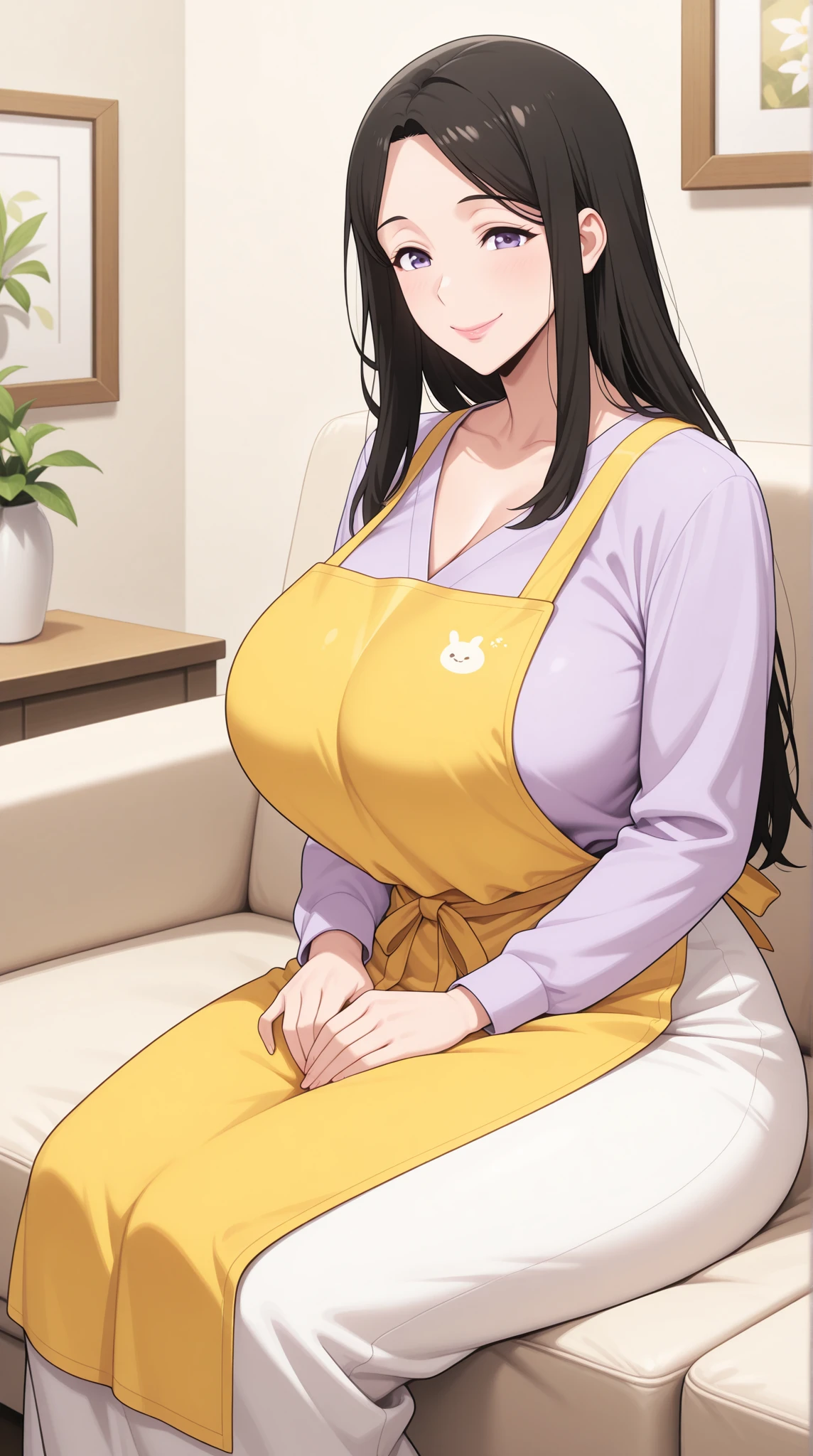 masterpiece, best quality, detailed face, detailed eyes,  <lora:HUCassandra:0.4>, HUCassandra, brown hair, huge breasts, cleavage, mature female, brown eyes, covered nipples, long hair, 1girl, indoors,  sweater, yellow scarf, gentle smile, ponytail,  <lora:odanon-lora-v1-128dim-10ep-novae:0.8>