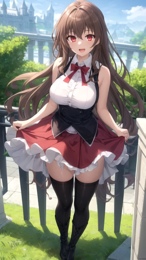 ((Tabletop, highest quality, High resolution, , Pixel Perfect, 4K, ))), Beautiful woman,, alone, beauty、The whole body is visible、 (((Sexy Witch Cosplay), Long dark blonde wavy hair、Off-the-shoulder jacket,　Dark blue flared skirt、Witch Hat、Mid-wave hair, bangs, Brown Hair)), ((Brown eyes, Beautiful eyelashes, Realistic eyes)), ((Detailed face, Blushing:1.2)), ((Smooth texture:0.75, Realistic texture:0.65, Realistic:1.1, Anime CG Style)), Center of chest, Dynamic Angle, Perfect body, ((,)), 、、Very embarrassing panic smile, 、Castle Town Square、(The wind flipped up her skirt, 、Touch your crotch with both hands、、Arms crossed pose、Show me your ass、Her white and pink floral lace panties、)、Angle from below