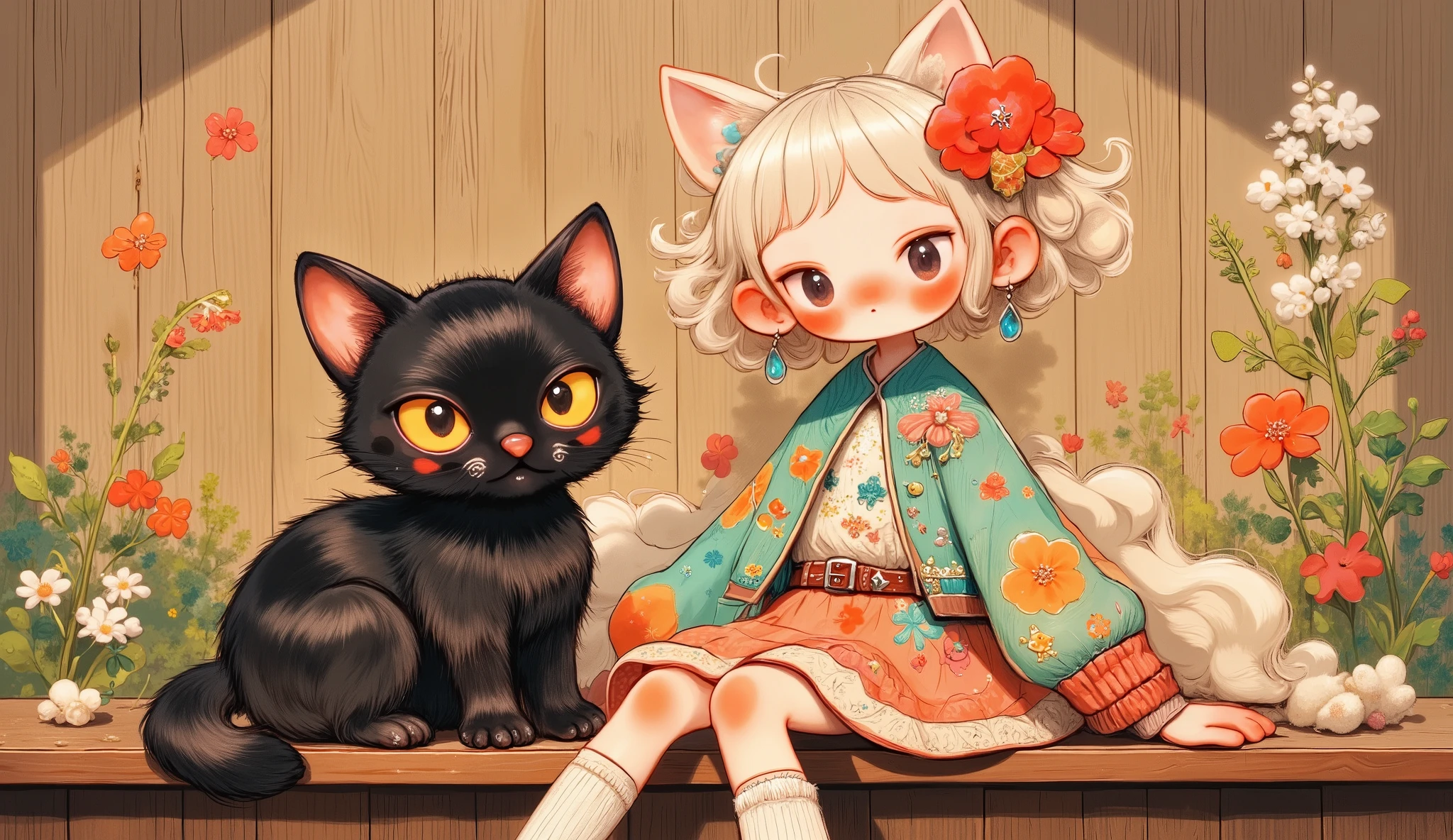 painting of a girl and a cat seated on a wooden bench, very pretty and cute babe, cute realistic girl painted, Beautiful young cat, girl with cat ears, adorable digital painting , beautiful character painting , cute digital art , inspired by Margaret Keane, attractive cat, there is a cat next to her , Beautiful painting of friends , por Elaine Hamilton.
blonde hair styled in braids, adorned with bright red rose hair accessories, pose seated on wooden background, colorful patchwork clothes with vibrant patterns, used sturdy boots, accompanied by an elegant black cat with impressive yellow eyes, rustic atmosphere with textured wooden background, cozy and flamboyant environment.