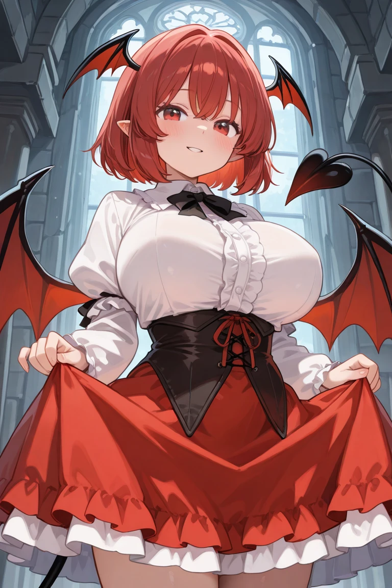 masterpiece, Score_9, Score_8_up, Score_7_up, front view, 1 woman, alone, white brown hair, short hair, golden red eyes, beautiful eyes, detailed eyes, flat lips, no expression, smooth skin, big breasts, cool black red clothes , top quality, horned, succubus tail, hair with thick bangs, black sleeveless shirt, carrying a large demon sword, black boots.