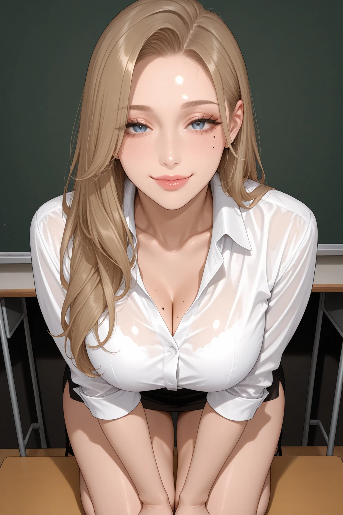 (table top: 1.3), (maximum resolution: 1.2), (Ultra HDTV: 1.2), cinema light, Ultra HDTV, (fine eyes and skin), (detailed facial features), ticker, 8K resolution, sharp focus: 1.2, perfect style, beautiful face, Accurate, anatomically correct, Highly detailed face and skin texture, fine eyes, (light green eyes), double eyelid, thin eyebrows, glitter eyeliner: 1.2, natural cheeks, Glossy skin, Fair skin: 1.2, small shiny necklace and earrings, (glossy lips: 1.4), break, absurd, one person's perspective, (she is high school Teacher), 22 years old, (Wear a front V-shaped open shirt:1.2), (formal jackets, pencil skirt, high heels), (No bra, Bare cleavage:1.2), (enchanting smile: 1.2), (look at the viewer), ((innocent and cute girl:1.3)), (layered hairstyles, smooth hair), (orange hair:1.3), (medium bob hair:1.2), (cowboy shot: 1.2), Focus on the chest and face, ((very close relationship: 1.2)), very big breasts, ((lying on the table:1.4)), ((In school library)), (Head-on:1.2),