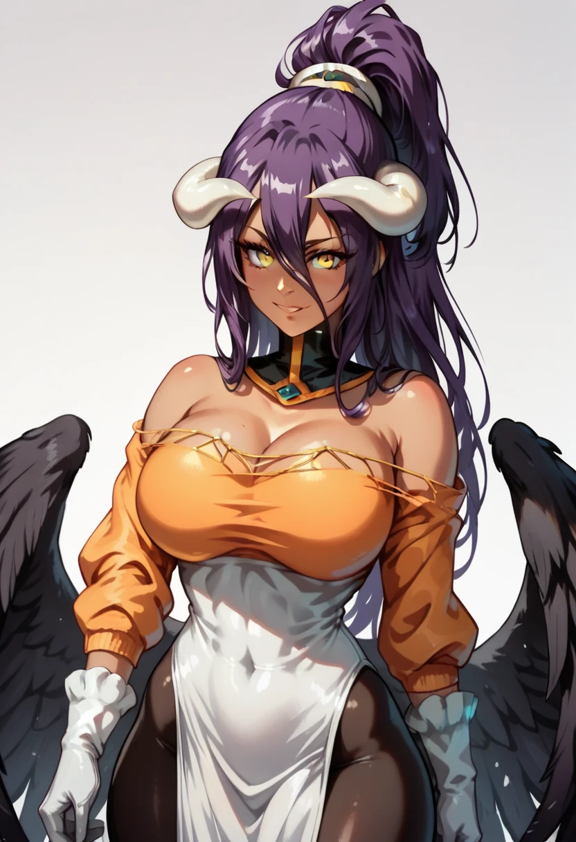 1girl, by suruga, head, face, upper body, huge breasts, cleavage, dark skin, feathery horns