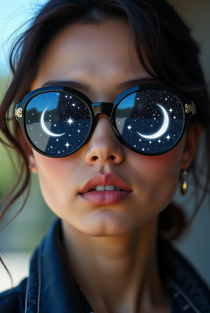 Model wearing glass sunglasses,There are stars and moon on the lens
