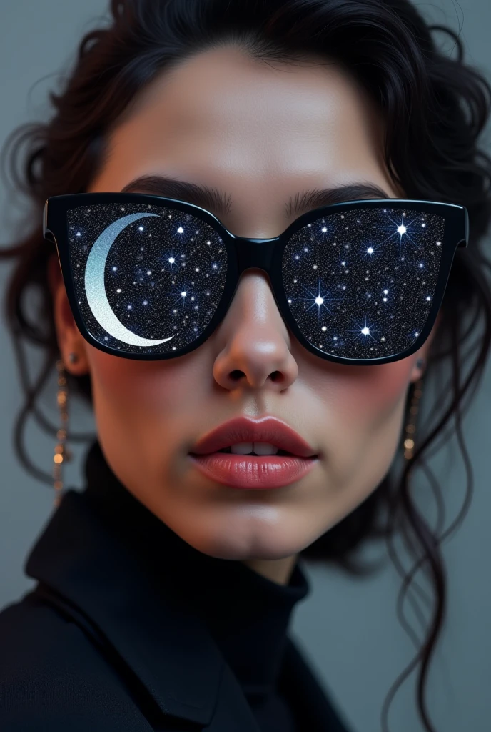 Model wearing glass sunglasses，There are stars and moon on the lens