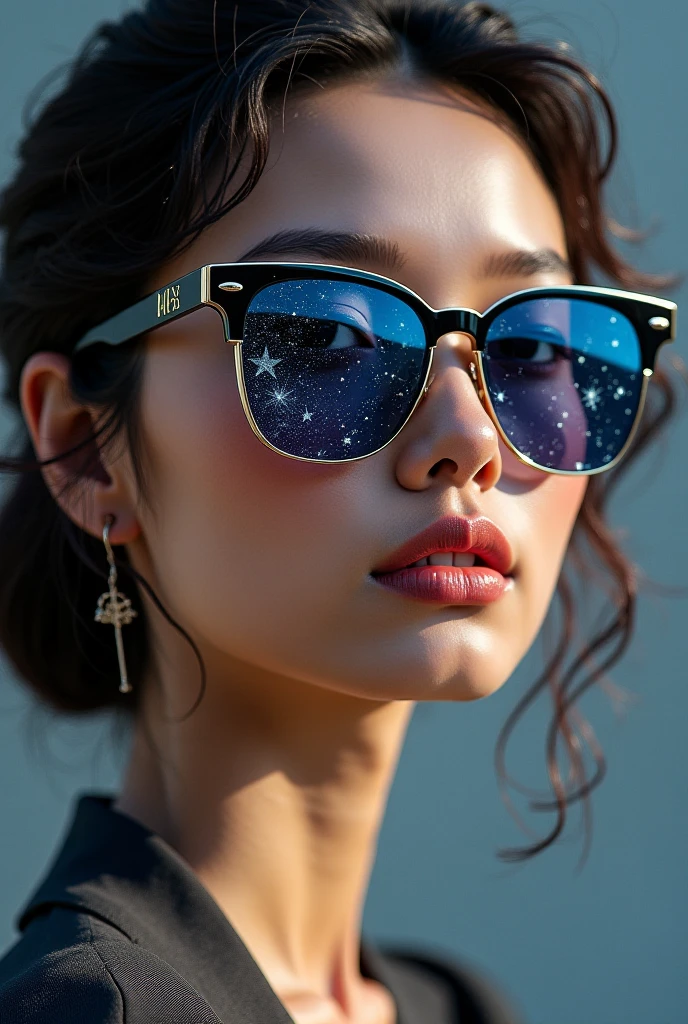 Model wearing glass sunglasses,There are stars and moon on the lens