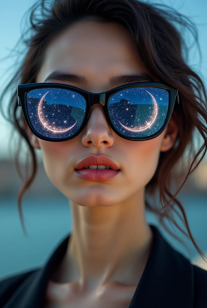 Model wearing glass sunglasses,There are stars and moon on the lens