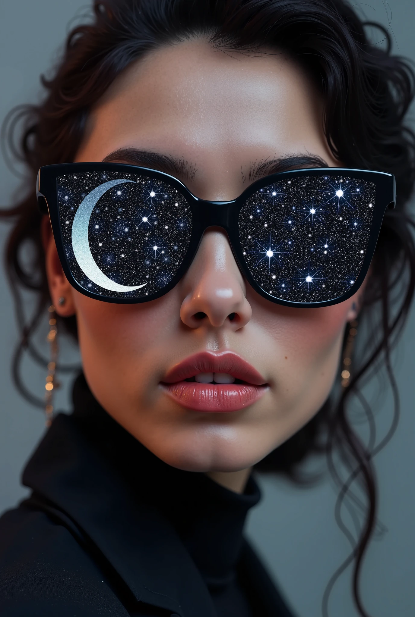 Model wearing glass sunglasses,There are stars and moon on the lens
