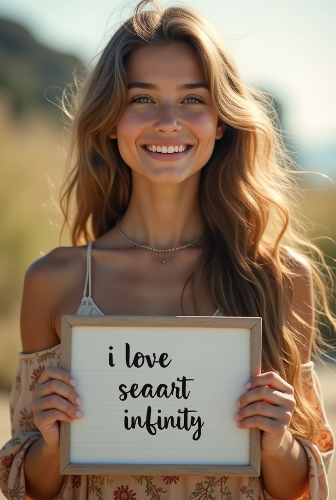 Beautiful girl with wavy long hair,Dressed in a bohemian style,Holding a whiteboard with the words "I Love SeaArt Infinity",and show the audience