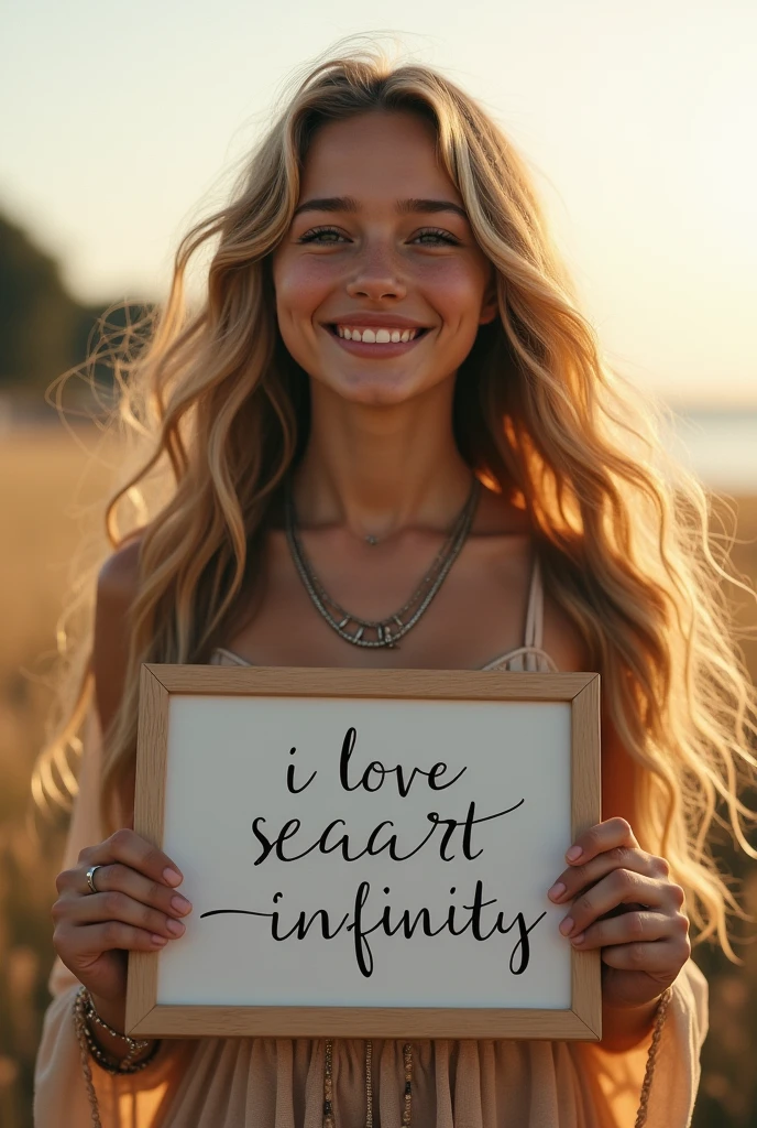 Beautiful girl with wavy long hair,Dressed in a bohemian style,Holding a whiteboard with the words "I Love SeaArt Infinity",and show the audience