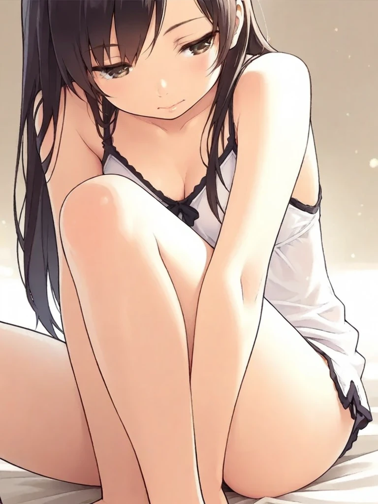 summer、An empty school classroom、thick、Sweat、、high school girl、Student Bags、、Low length、(((((Eyes hidden by long bangs)))))、(((Long black hair:1.2 hair band)))(((Black-rimmed glasses:1.2 black eye)))、Backlight、evening、Nostalgic atmosphere、Look at this、glamorous、Sexy Lingerie、Sexy underwear、sneakers、Beautiful Abs、Small breasts、See-through underwear、Mysterious、avert your eyes、Sit with your knees bent