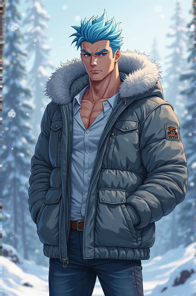 1boy, fashion photography, a sexy pakistani bodybuilder with messy short black hair looking up at the sky, short hair, hairy chest, shirtless, plaid pants, open puffer jacket, boots, snowy forest at night, aurora borealis in sky, stars, nebula, (falling snow), (adorable snowman:1.2), 8k, detailed,