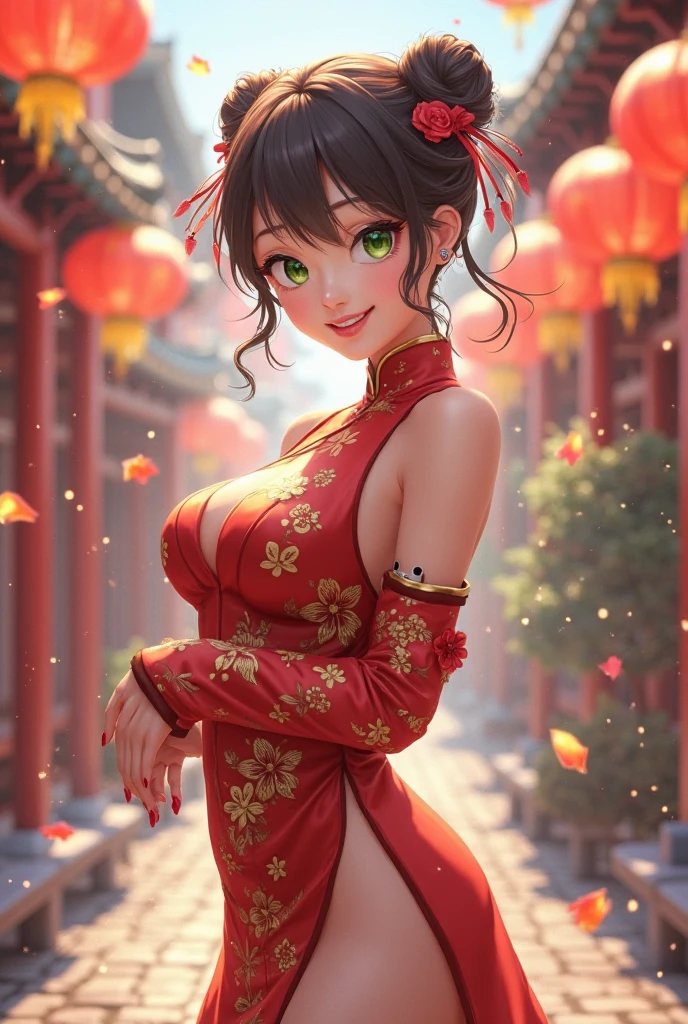 Top-quality Realistic,Official art,Highly detailed CG Unity 8k wallpaper,ultra-detailliert,hight resolution,Physically-based rendering,Magnificat,finely detail,masterpiece,Best Quality,ultra detailed, Face Light,Mature beauty,Beautiful girl,1girl,moist lips,sexy lips,Sexy smile,Gentle smile, 20 years old, Beautiful bare skin,Smooth bare skin,(Beautiful and radiant skin), big well-shaped breasts, beautiful cleavage,beautiful Mature body,swept bangs,(Medium hair:1.3), beautiful detailed eyes,model shoot style,Japanese Idol, Full-body,((Sitting beside a large white marble fountain)),BREAK,(Sit in the fountain:1.2),((Red and gold-embellished Cheongsam from the Ming Dynasty:1.5)),BREAK,(Heart shaped necklace),(Triangle ornament earrings),BREAK,(upper body:1.3),(Crossing your legs:1.2),looking down,shoot from below,gentle smile like a goddess, ((Extreme close-up)),
