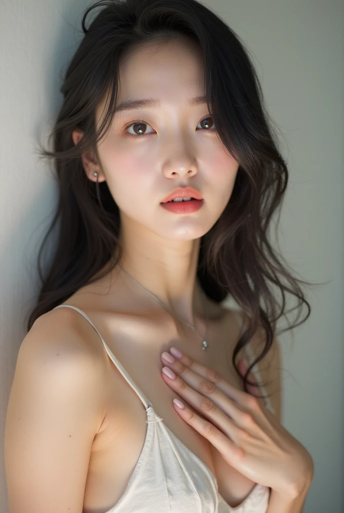 absurdres, RAW photo, extremely delicate and beautiful, masterpiece, Best Quality, ultra high resolution, 32k, hyperrealistic, ultra-detailed, perfect figure, Perfect Style, Perfect balance, in her 20s, very small head, very small face, delicate facial features, tearful mole, earring, very huge breasts, full body shot, medium hair, black hair, (business dress),