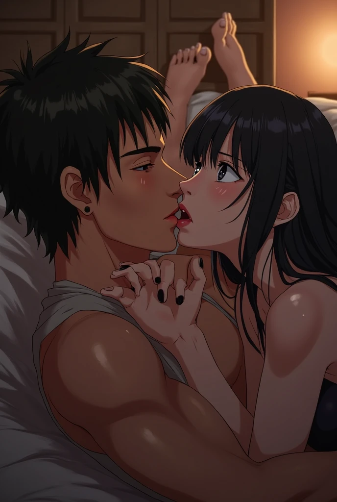 Anime girl sitting on bed,Legs crossed, seductive anime girls, small curvaceous ,, Cute anime girl,Rope Bundle SM bondage, with boy on her front side , they both are doing 69 position without dress , her mouth on his penis, his mouth on her vagina