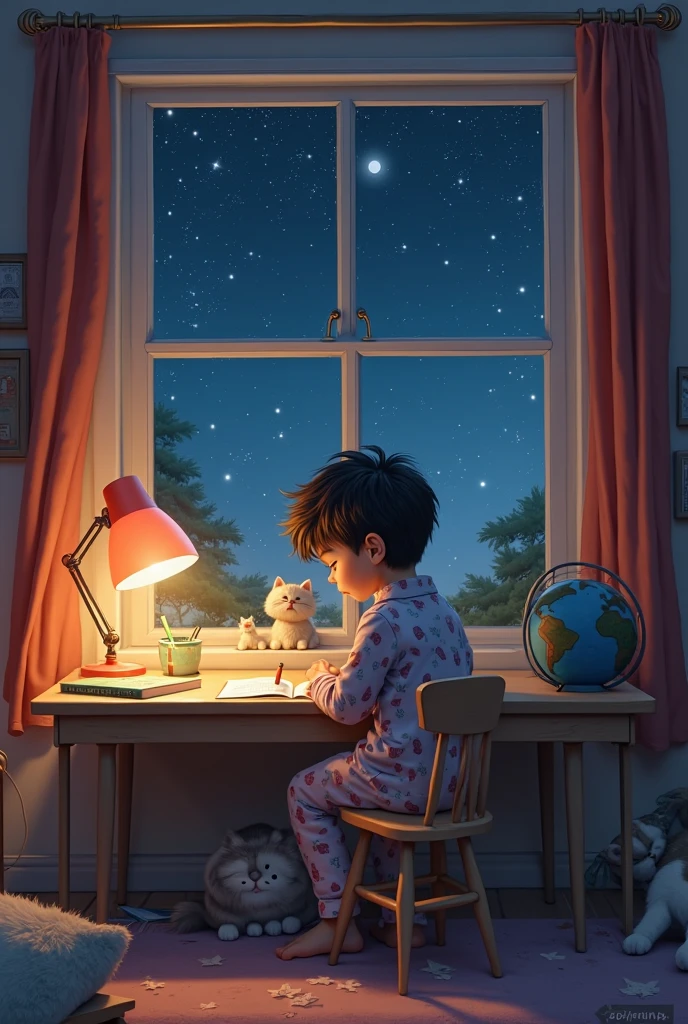 Beautiful pictures, like the real thing, the world of Hayao Miyazaki, at night, in the house, sleeping on the bed, sleeping 5-year-old boy, eyes closed, wearing pajamas, a lot of toys in the room, butterfly and beetle toys, books, car toys, building blocks