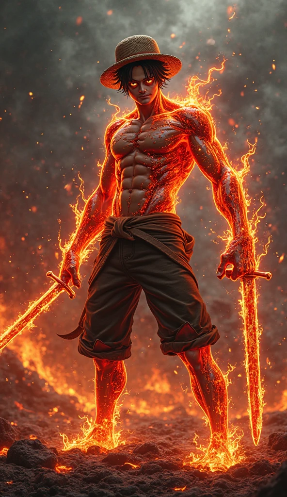A muscular man with a malevolent but natural face with pink hair throwing an arrow made of fire with his hands and without a bow , in a reddish environment
