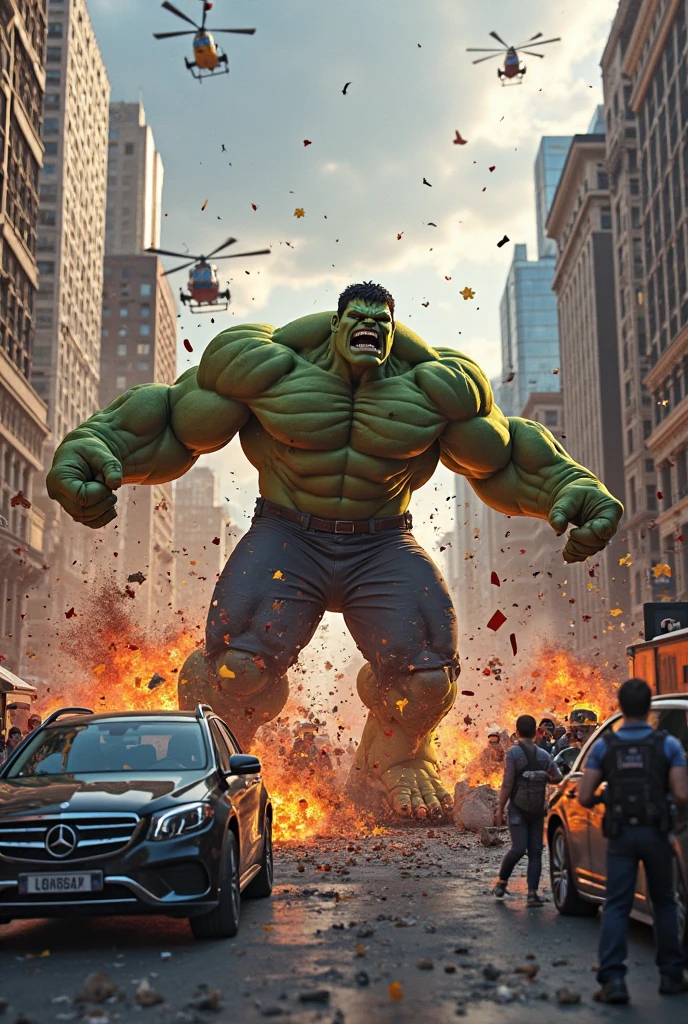 Hulk crushing robots sent by Ultron in a destroyed city.