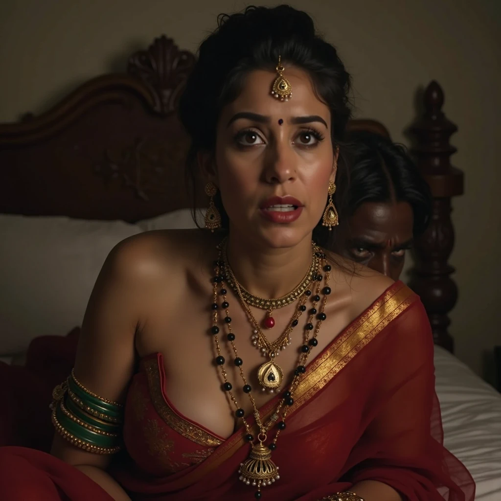 A very close picture of Indian, winding, hourglass figure, extremely large Breasts swoop, no bra, pierced nipples, visible nipples, bend down and hanging breasts, Shows deep cleavage, Kneeling in ceremonies, French braid hair, necklace, Sexy maroon saree and not wearing bra, visible nipples, Sultry, Alluring eyes, Look at the viewer and smile, (Cinematic:1.3), Complex details, (ArtStation:1.2