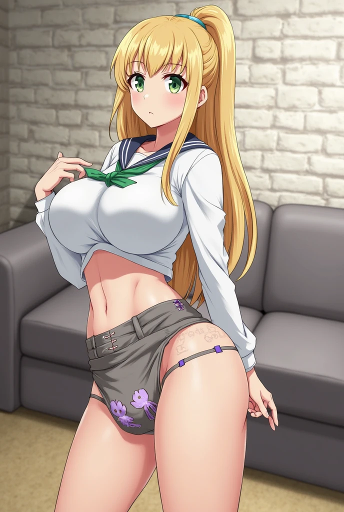You can make an anime character has blonde hair, green top and blue shorts and big tits.