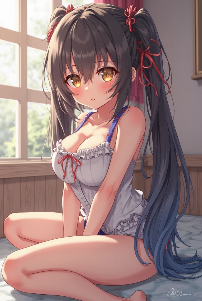 NSFW, masterpiece, top quality, ultra high definition, highest resolution, highly detailed, professional lighting, clean skin, illustration, one girl, cowboy shot, short stature, slender, very cute, young face, cleavage, lower breast, hands on chest, wet body, (breasts out:1.3), black hair, semi-long hair, hair ribbon, blue eyes, blush, (sit on the ground: 1.1), open legs, legs up(Plastic Bag 1.1), Swimsuit, Navel, From Bottom, Citizen Pool, (Wind: 1.2)