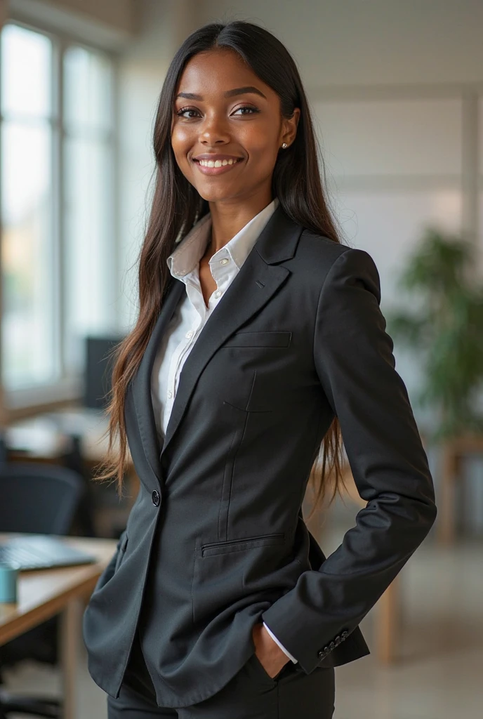 Beautiful light skin African American mix Melanesian woman, (35 years old), MMA trainer, (((business attire, very professional business suit skirt forwomen))), fit body, (muscles:1.2), athletic feminine body, female fitness model body, standing in front of office desk, masterpiece, perfect lighting, uhd, 8k, she is an exceptional MMA fighter, hard toned feminine body, updo hairstyles, ((confident smile at camera:0.4)), ((sultry pose))