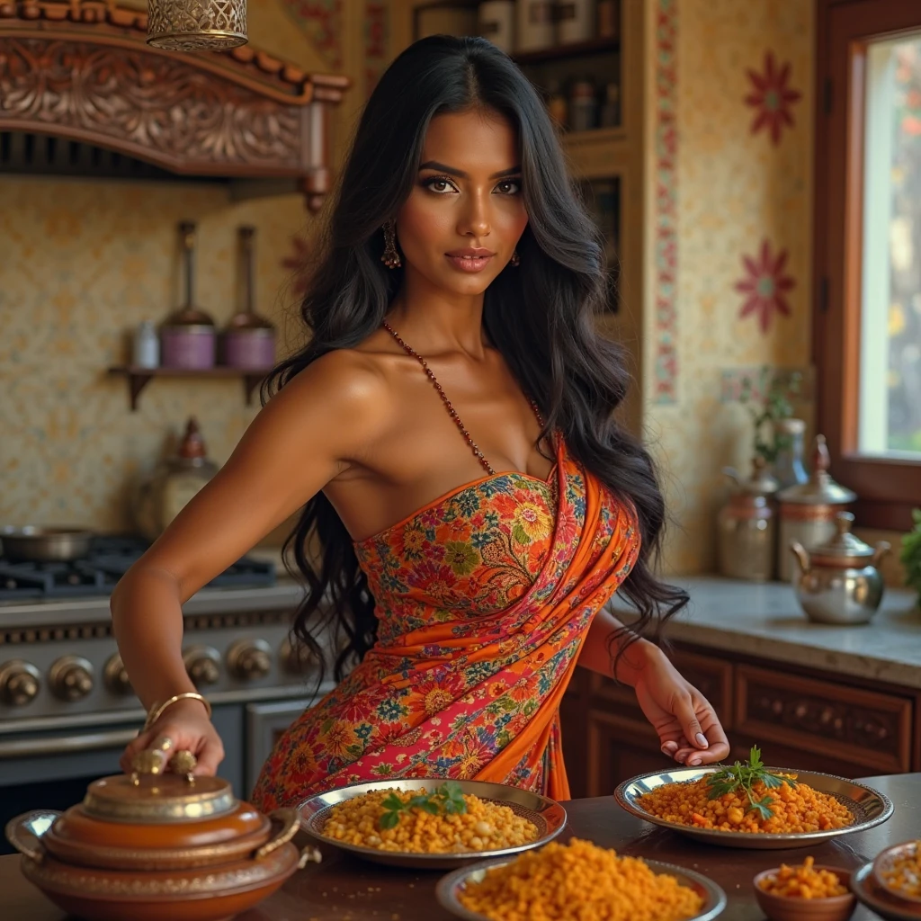 Very Beautiful Indian women with perfect boobs in a topless serving food in reception