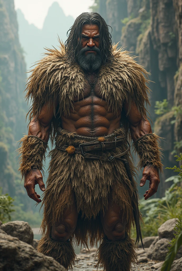 A man of 2,30 tall he is white he has a serious face he has Mahia clothes he has his face painted white and he is strong