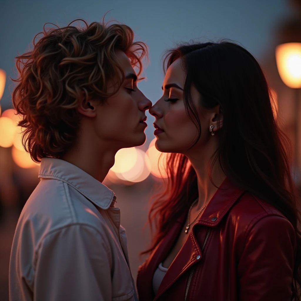 Create two guys, one who is a cute and adorable but is an adult, and the other a somewhat military and handsome guy, both kissing.