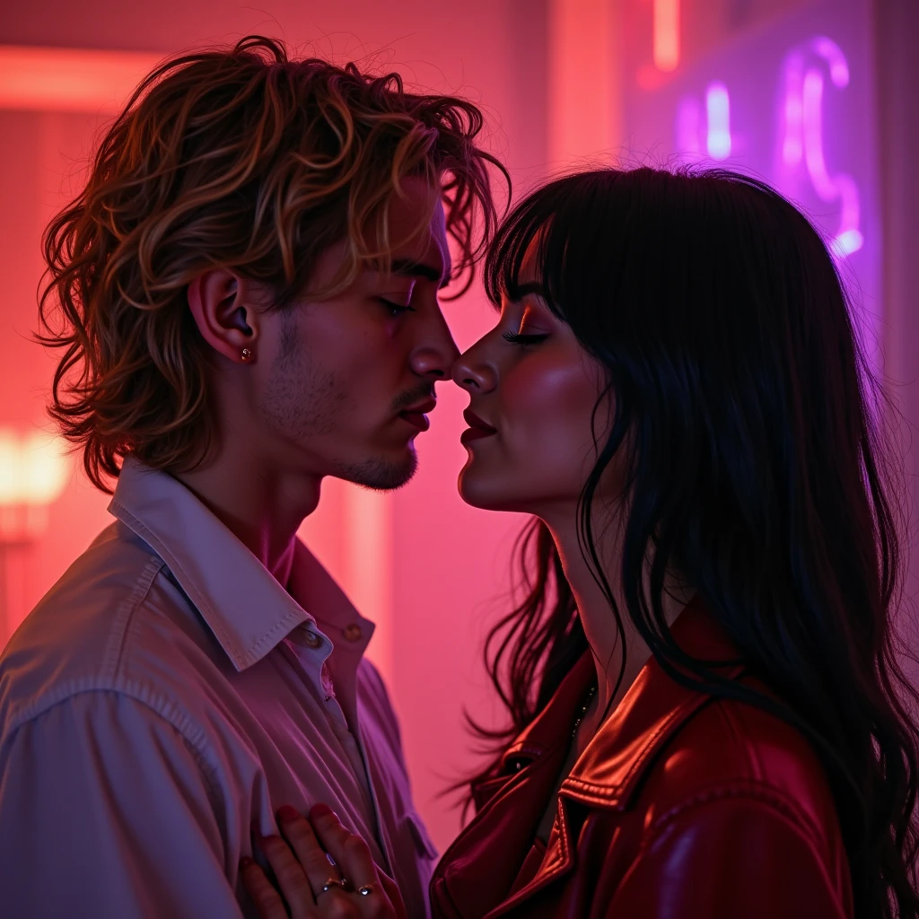 redhead woman with a man with pink hair in the middle,in a concert stadium with red lights and red dress clothes and him in a red blouse with snake print,the night