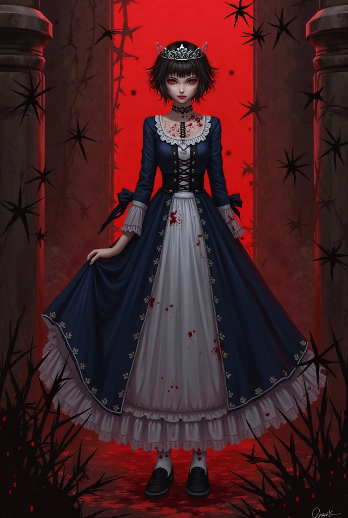 A hauntingly beautiful woman, green eyes, short red hair, glowing milky white skin, blood dripping from her lips, black silky dress, in an eerie setting.