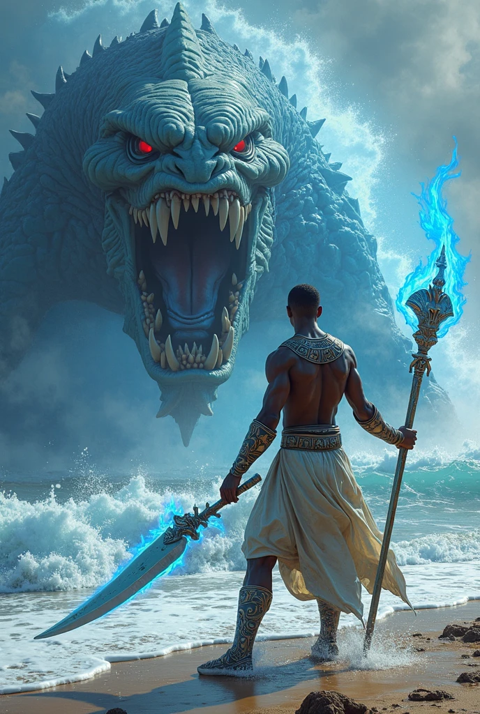 Courage: Visualize a figure standing tall in front of a large wave or a fearsome creature, representing bravery in the face of fear.