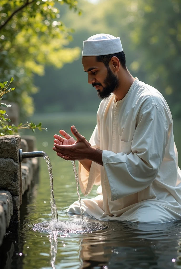 A Muslim man performs ablution.