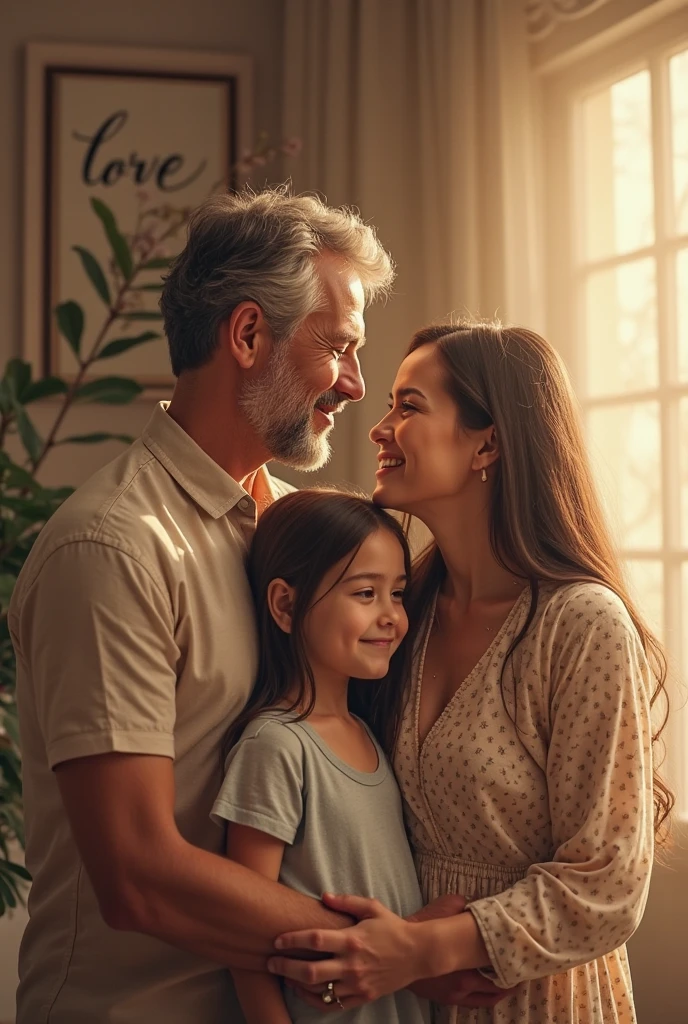 Dad and mom hugging their teenage daughter (more than 20 years) on a light background (realism)
