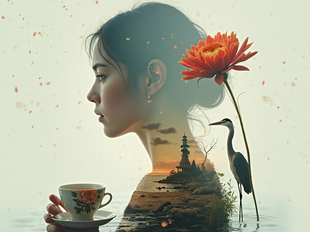 Beautiful girl integrated with a strange landscape , a heron standing in water , a cup of tea superimposed by a flower , all combined in a hyperrealistic digital painting styled after Jerry N . Uelsmann and Meret Oppenheim , featuring a multi-exposure effect to evoke melancholy , love , surrealism , and mysticism , following the ideal composition principles for double exposure , captured in a digital photographic art that might be a winner of photo exhibitions , perfect composition , beautiful detailed intricate insanely detailed octane render trending on artstation , 8k artistic photography , photorealistic concept art , soft natural volumetric cinematic perfect light , chiaroscuro effect
INFO