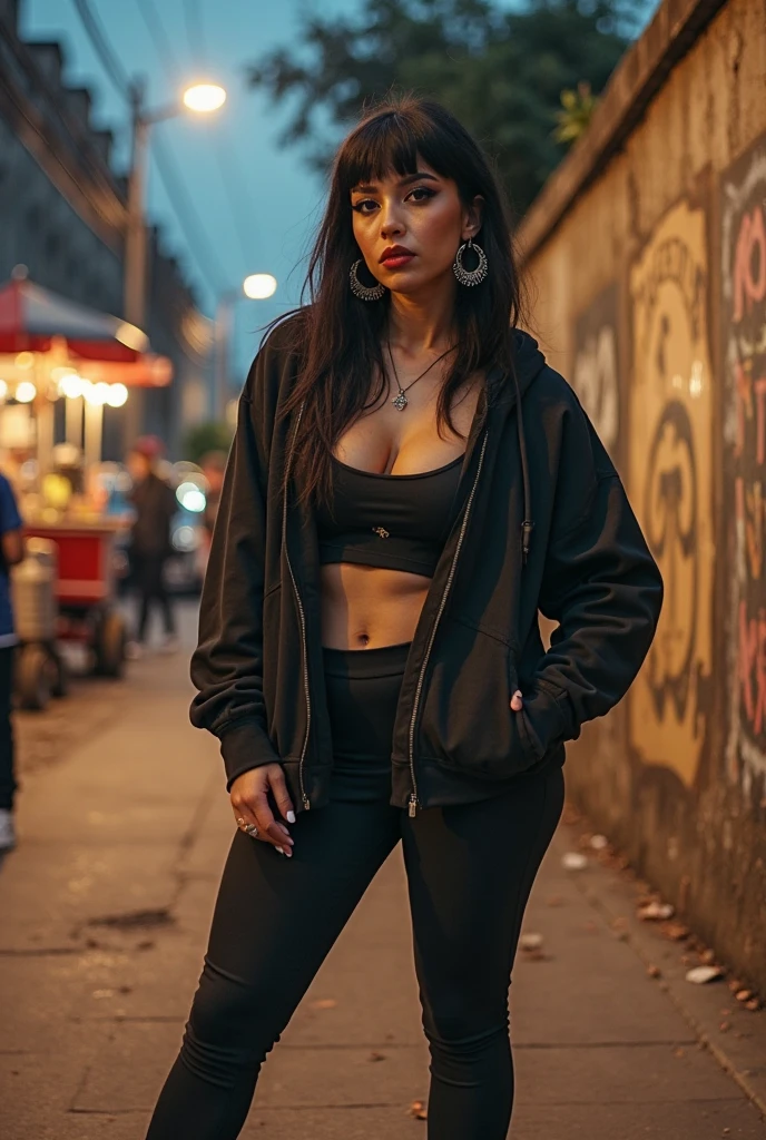 Woman with light brown skin, cleavage, long red basketball shirt, sports shorts, red cap, in front of a graffitied wall. Tattoos. Straight black hair.