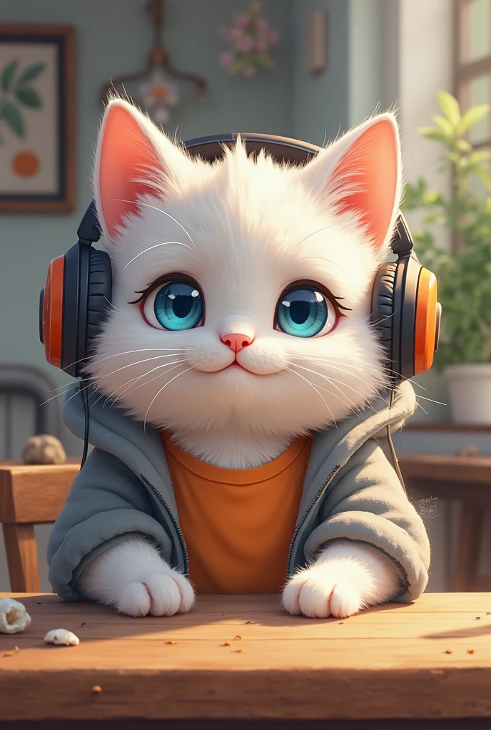 a cute cat with headphones, chunky cat collar with a bell, well composed, detailed, art by artgerm and Lois van baarle and Ilya kuvshinov
