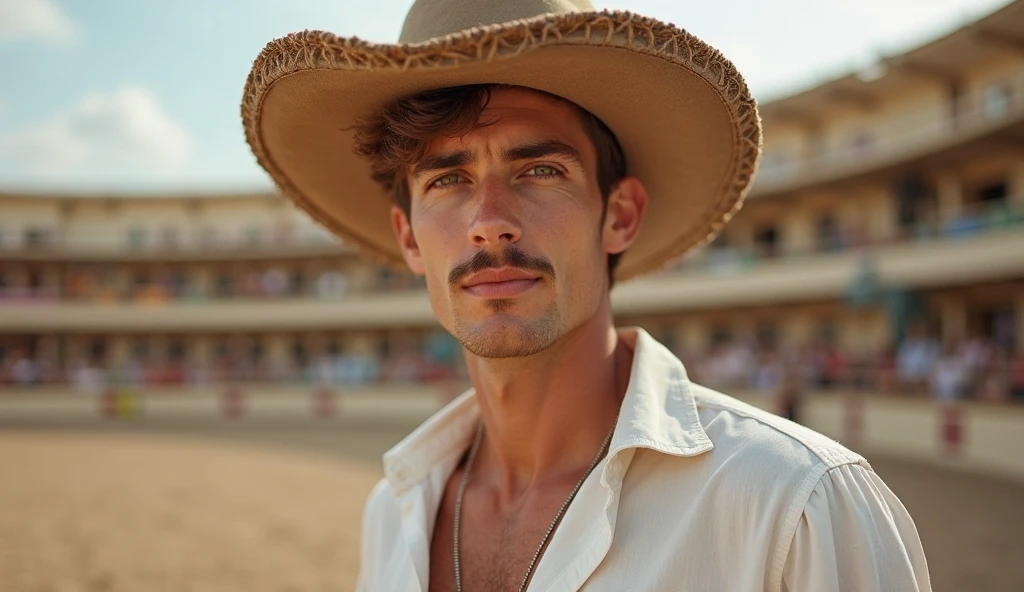 Young handsome cute beautiful skinny white face without shirt en un bar de cowboy sentado encima de una butaca soombrero