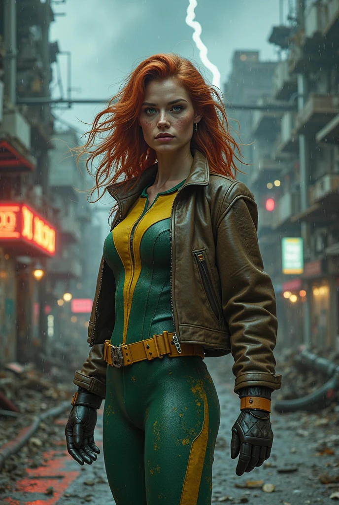 photorealism, hyperrealism, cinematic, A stunning street style portrait of a rugged post-apocalyptic, of Poison Ivy, braving the elements. Dressed in traditional costume with military camouflage details with a worn texture, he stands against a desolate urban backdrop. Rain falls, creating a cinematic atmosphere as the drops hit the surface of the coat. Intricate details such as patched repairs and buckled straps accentuate the character's resilience and resourcefulness. The scene is captured in a high-contrast, emphasizing the interplay of light and shadows.