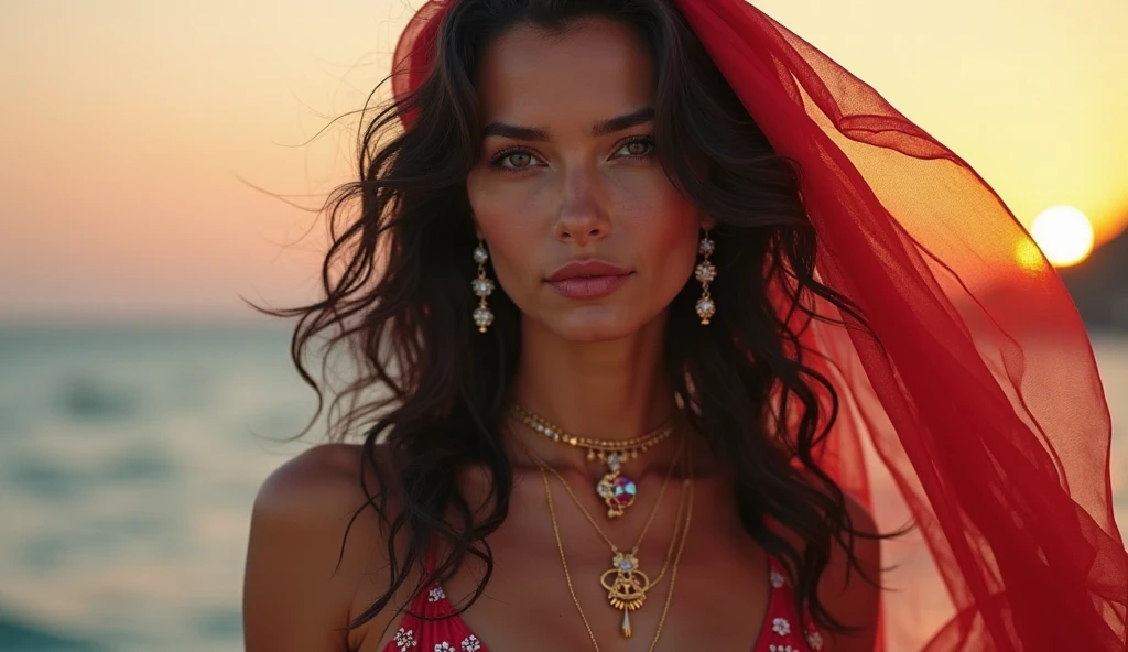 fking_scifi, fking_scifi_v2, portrait of a young, seductive, extremely beautiful and attractive Brazilian woman, in front of a beautiful beach, long messy hair, rich colorful clothes and colorful jewelry, close up, regal pose and attitude. fking_cinema_v2.
